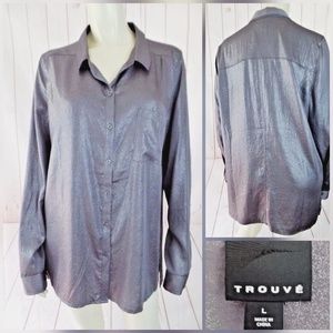 Trouve Blouse Top L Gray Sparkle Poly Side Slits